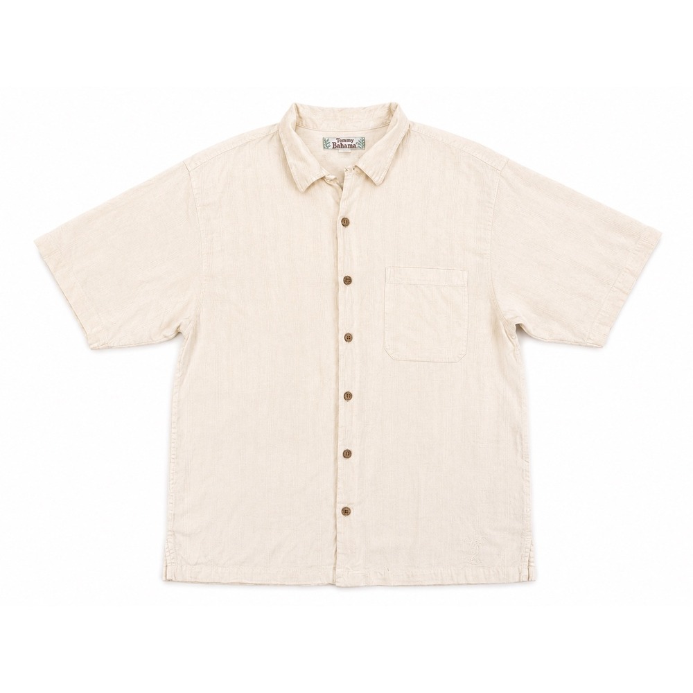 Tommy Bahama 100% Silk Camp Short Sleeve Button Down Shirt Men's Large Beige